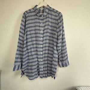 Garnet Hill Womens Blue & White Striped Button-Up Linen Shirt Medium Long Sleeve